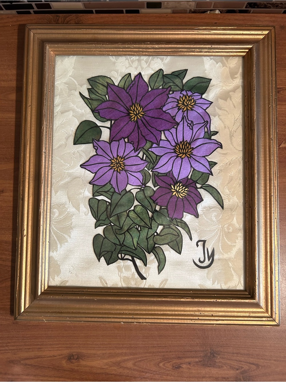 Vintage Silk Mosaic Purple Clematis Framed Picture